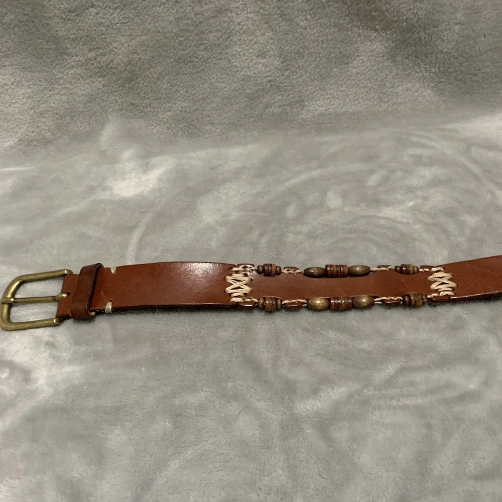 Vintage Omega Genuine Leather‎ Belt Large Brown Beaded & Stitched Made in Turkey